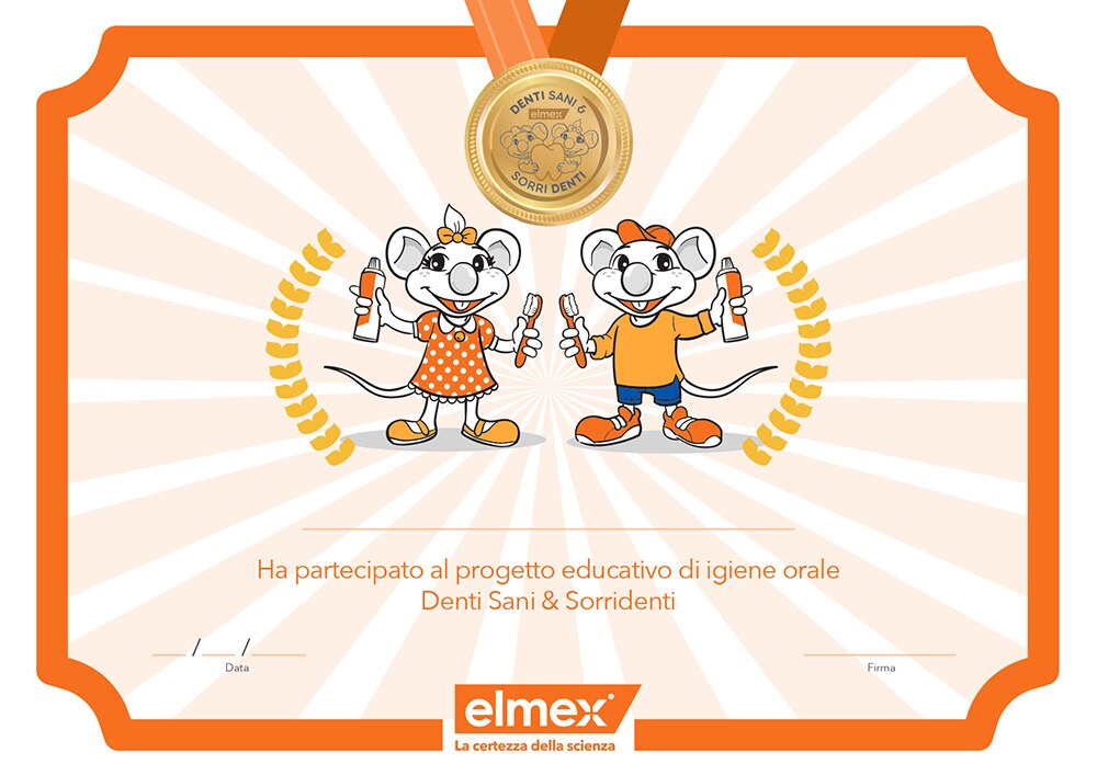 Certificato di partecipazione elmex con medaglia e illustrazioni di due topi (Elmy e Mexy)